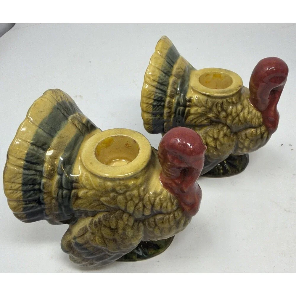 Vintage Japan Napcoware Hand-Painted Ceramic Turkey Candlesticks - Set of Two